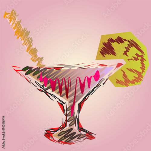 Wine glass of cocktail, holiday, tropical, pencil drawing, Advertisement for a restaurant