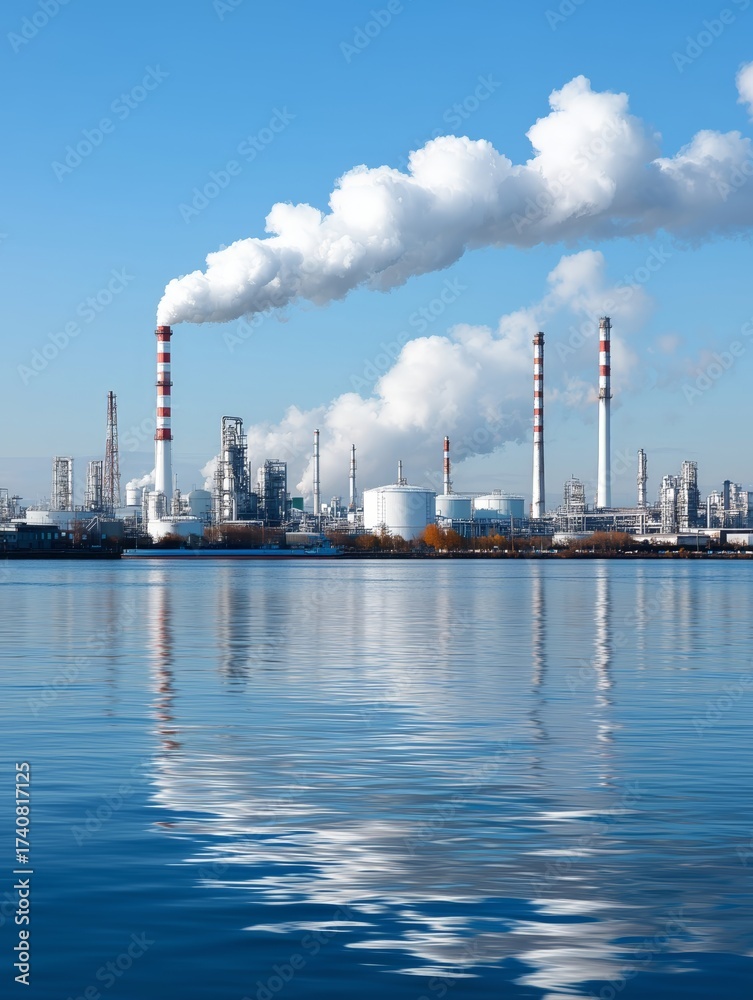 Obraz premium Oil refinery factory with smoke stacks emitting pollutants over water. Industrial landscape with chemical plant and its reflection on river.