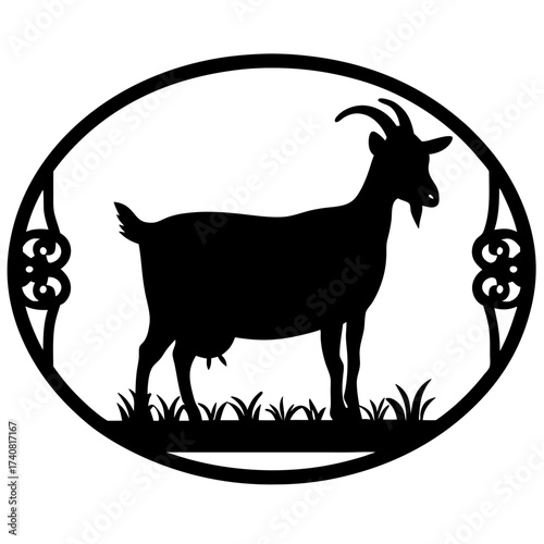 Black Silhouette Goat in Decorative Oval Frame Graphic Element Design