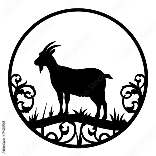 Silhouette of a Majestic Goat Within an Ornate Circular Frame Design