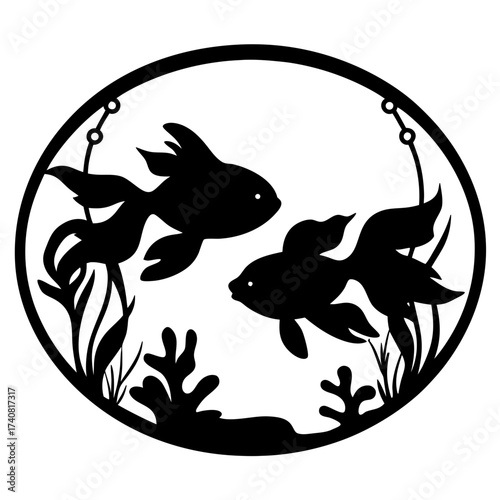 Black silhouette illustration of two goldfish swimming in a fishbowl aquarium