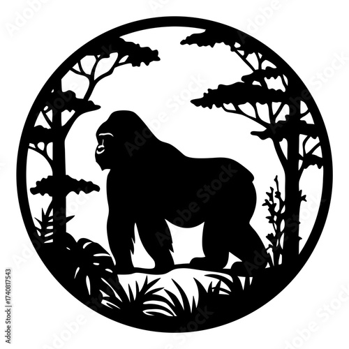 Silhouette of a gorilla walking through a jungle scene in a circle