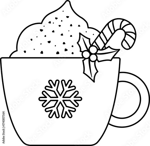 Christmas mug with a snowflake pattern and filled with candy canes, whipped cream, and holly outline  isolated.
Winter drink and sweet Children's coloring pages.
Transparent background.