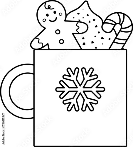 Christmas mug with snowflakes, a gingerbread man, candy canes, and whipped cream outline isolated.
Winter drink and sweet Children's coloring pages.
Transparent background.
