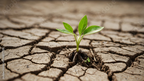 Closeup of young plant sprouting from cracked earth