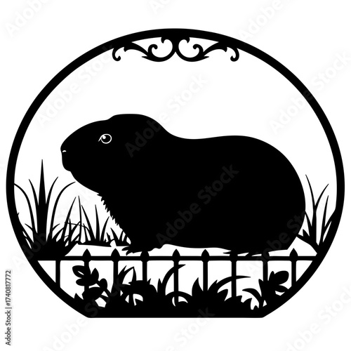 Black silhouette of a guinea pig in a decorative circular frame
