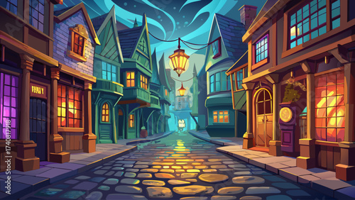 Close-up of Diagon Alley cobblestone street, glowing magical reflections, surreal details, fantasy aura, dreamlike shop lights, mystical environment, legendary wizard market, epic artwork, imaginative