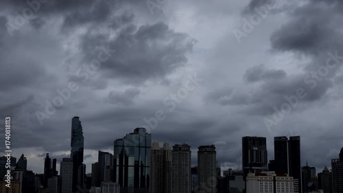Time-lapse of storm clouds racing above Bangkok city, capturing nature’s fury as darkness falls over Thailand’s capital.