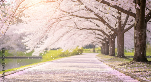 Cherry blossom trees in full bloom with soft pink petals falling
