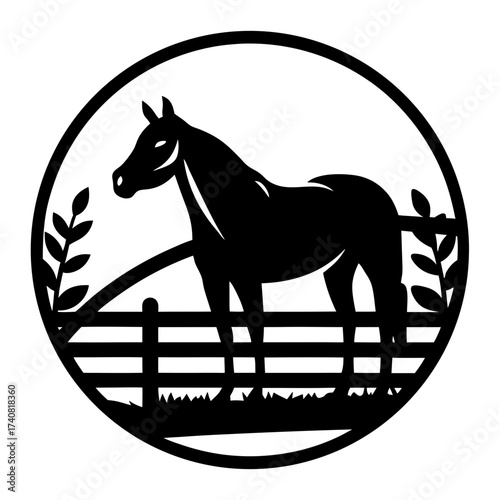 Silhouette of a Standing Horse Near a Fence in Circular Frame Design