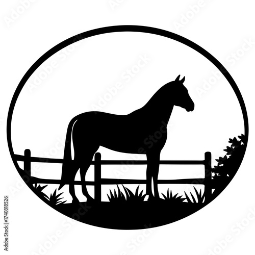 Black horse silhouette enclosed in a circle frame on a farm scene
