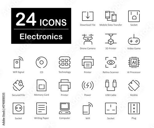 These are 24 beautiful small, pixel perfect electronics interface vector icons.