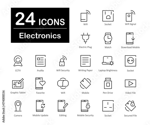 These are 24 beautiful small, pixel perfect electronics interface vector icons.