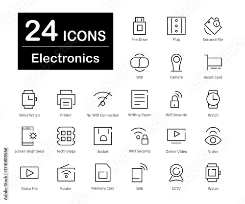 These are 24 beautiful small, pixel perfect electronics interface vector icons.