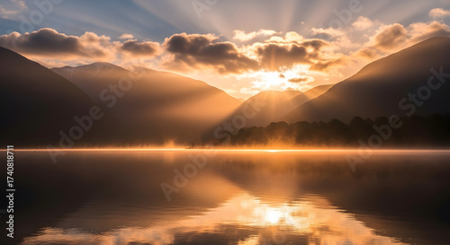 Breathtaking mountain sunrise with golden light rays piercing through morning mist, serene lake reflection