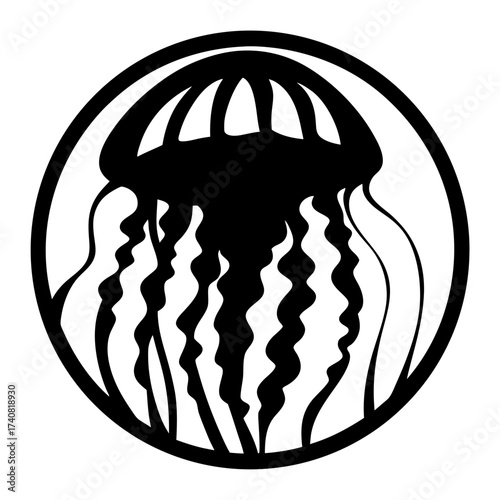 Monochrome Jellyfish Silhouette Encapsulated in a Bold Circular Frame Artwork