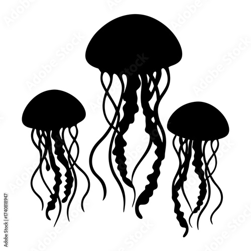 Silhouetted Jellyfish Trio in a Delicate Dance Against a White Backdrop