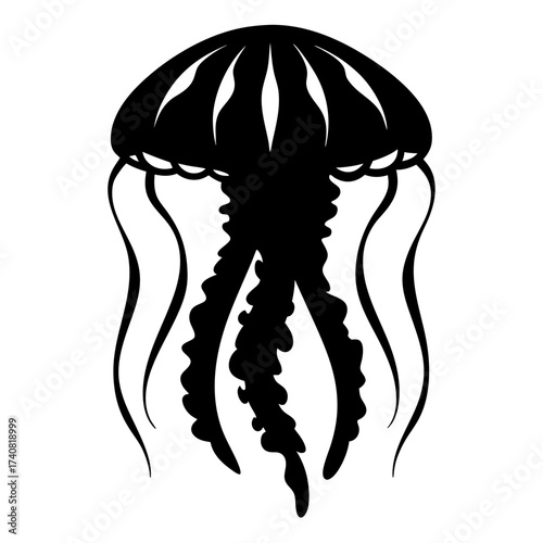 Stylized black and white illustration of a jellyfish with long tentacles hanging down