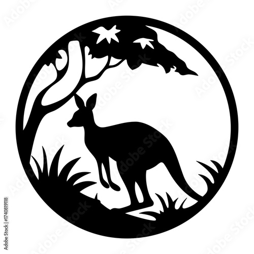 Stylized Silhouette of a Kangaroo Under a Tree in a Circular Frame