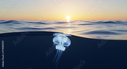 Fototapeta Naklejka Na Ścianę i Meble -  Sunset over the ocean with a jellyfish glowing underwater