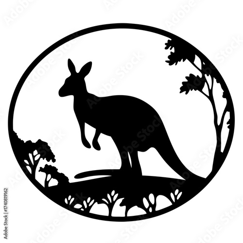 Elegant Kangaroo Silhouette in Natural Landscape with Trees in a Circle Frame