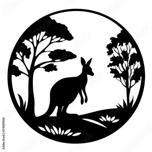 Kangaroo Silhouette in a Circular Landscape Illustration with Trees and Foliage