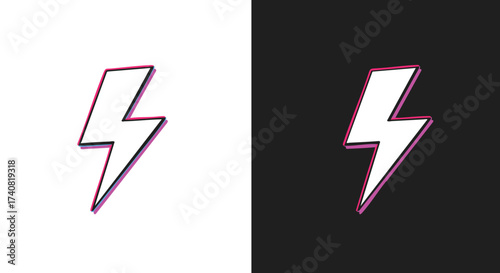 Vector illustration of a hand-drawn lightning bolt symbol with a vibrant chromatic aberration glitch effect on black and white backgrounds