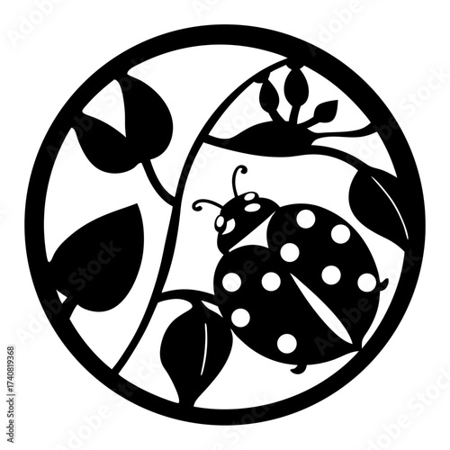 Silhouette illustration of a ladybug on a plant enclosed in a circle