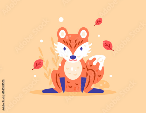 Illustration of a cute, adorable, and red fox. Fox under fallen leaves and snowflakes. Animals and seasons. Autumn elements. Decoration or ornament. Flat style design. Orange background.