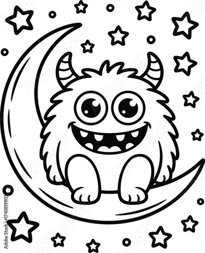Adorable furry monster with large eyes and horns, grinning widely, perched on a crescent moon surrounded by stars, black and white line art for coloring pages