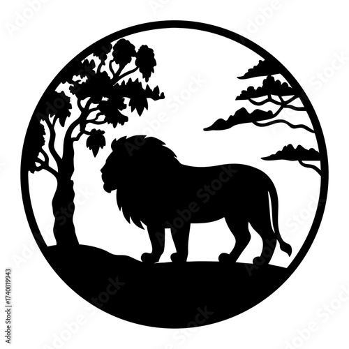 Majestic lion silhouette standing proudly in the African savanna landscape circle art