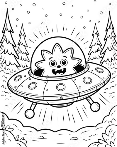 Cute cartoon purple alien with starshaped face inside a flying saucer, with trees and snow in the background, coloring page style