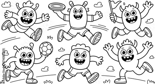 Collection of six cute cartoon monsters playing sports like soccer and frisbee, running and jumping, in a playful style