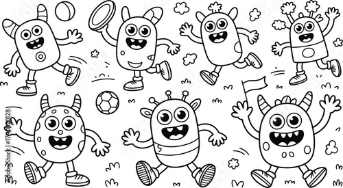 Group of six whimsical, handdrawn monsters in a simple outline style, some holding toys or flags, presented on a clean for easy use