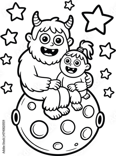 A friendly monster hugs a baby on a moon surrounded by stars, perfect for a childrens book illustration
