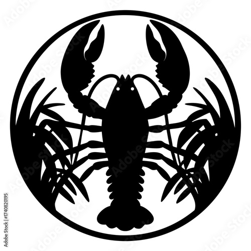 Black silhouette of a lobster surrounded by plants within a circle design