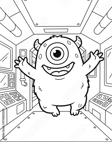 A cute, cartoonish cyclops monster with horns and a big smile stands with its arms outstretched in a spaceship corridor with control panels