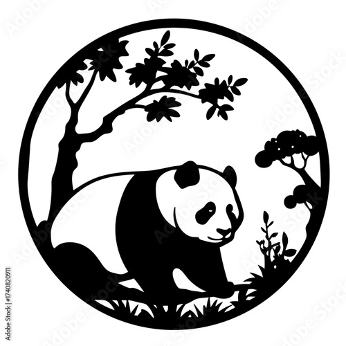Black and White Panda with Trees in a Circular Composition