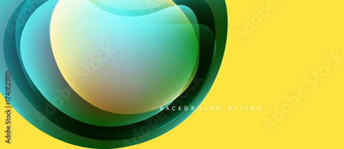 Abstract dynamic shapes, flowing lines, vibrant colors. Yellow background contrasts with green, blue gradients. Modern design element.