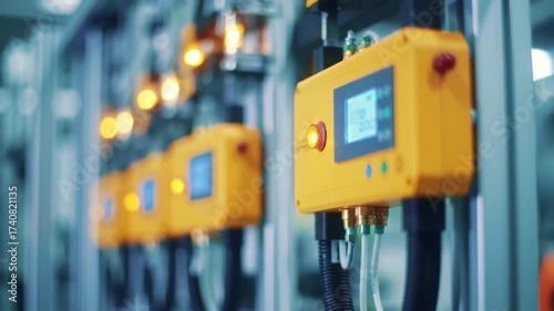 Wallpaper Mural Close Up of Row Yellow Control Units with Glowing Lights on Blue Background Torontodigital.ca