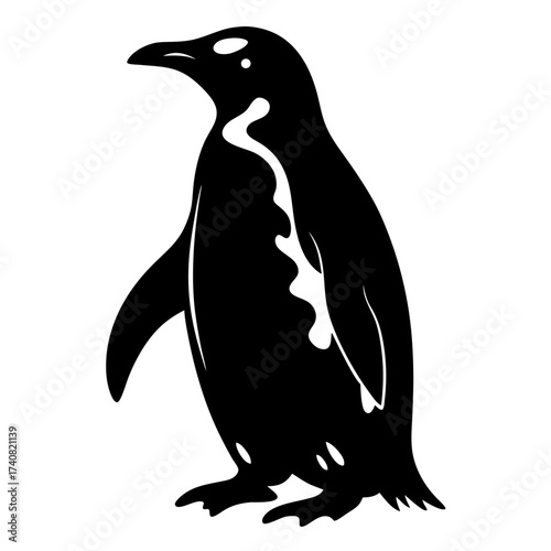 A bold minimalist black and white depiction of a single penguin