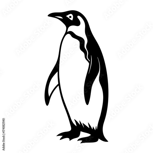 A monochromatic illustration of an emperor penguin standing on a white background