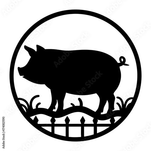Silhouette Pig with a Fence in Round Border, a Farm Emblem