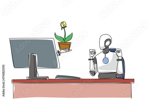 Continuous one line drawing hand of robot out of monitor screen while hold money tree with dollar coin fruit. Investment designer robot. Things from Screen. Single line draw design vector illustration