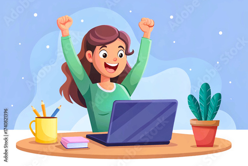 Joyful young female professional working on a laptop at a desk, cheering her accomplishment, created in detailed vector style, ideal for stock images, digital work, business success, technology theme