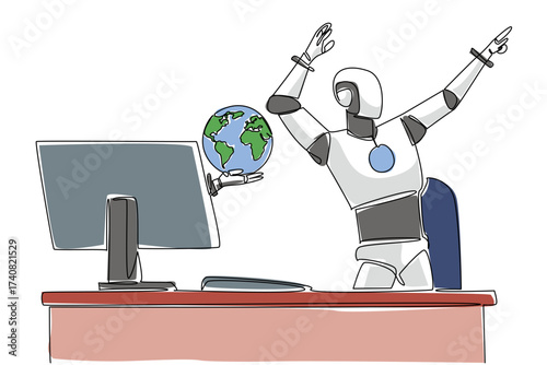 Single one line drawing hand of robot out of monitor screen holding a globe. Artificial intelligence connects continents. Wide network. Things from Screen. Continuous line design graphic illustration