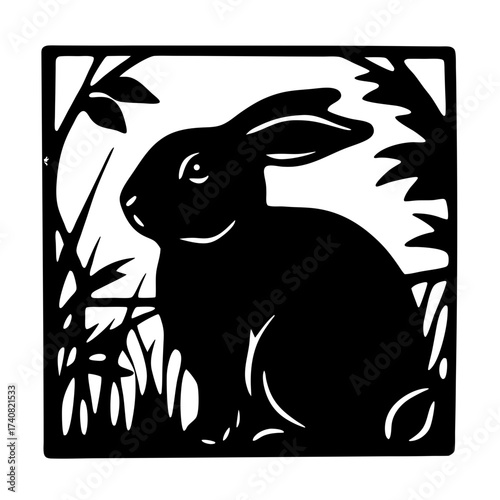 Elegant Black and White Rabbit Silhouette Artwork Framed by Nature Elements