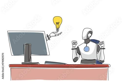 Single continuous line drawing hand of robot out of monitor screen while holding a bulb lamp. Innovation that generates artificial intelligence. Things from Screen. One line design vector illustration