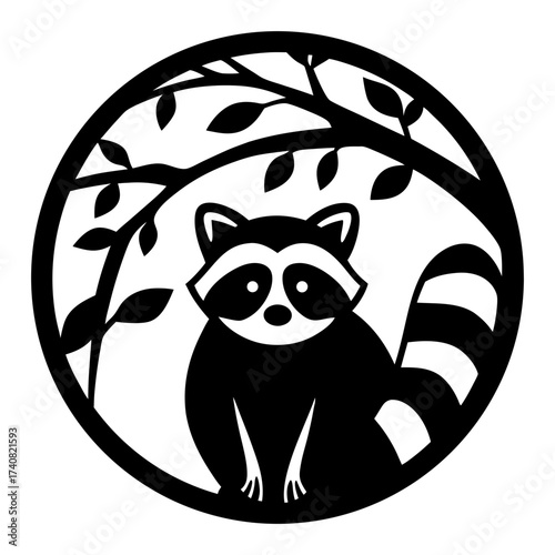 Minimalist Raccoon in a Forest Clearing Silhouette Illustration in Black and White
