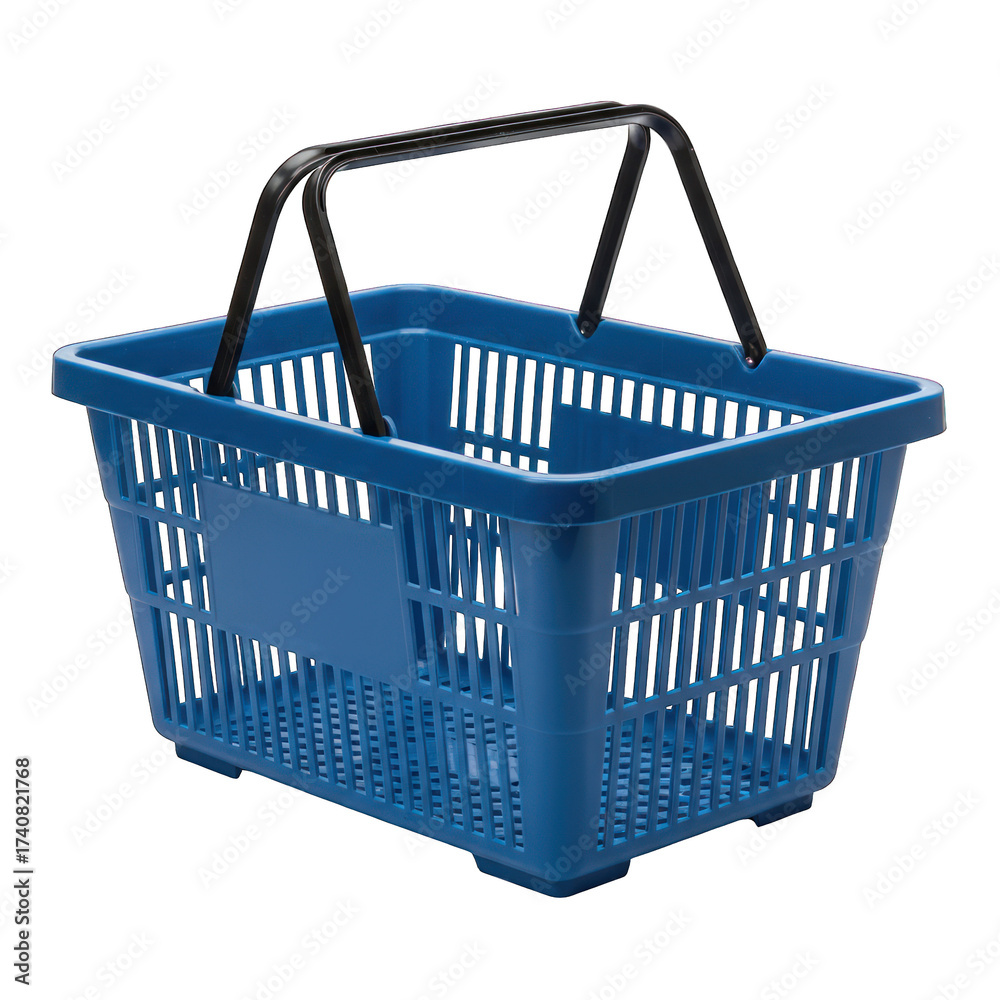 Fototapeta premium Isolated vibrant blue plastic shopping basket with black handles on a dark background